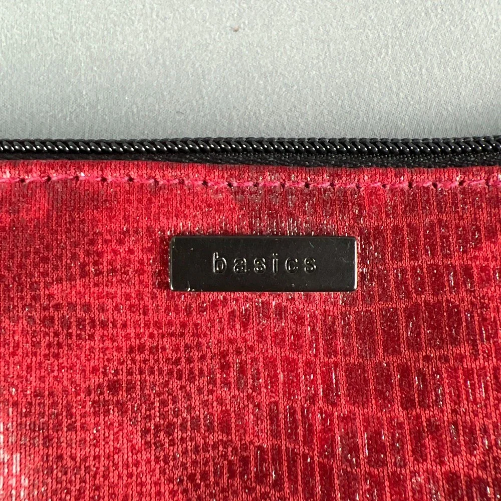 Basics Cosmetic Makeup Bag Womens Small Red Black Leather Trim Travel Organizer